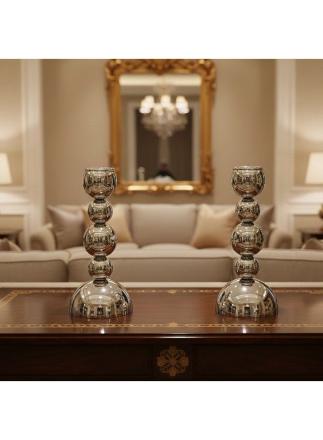Luxury Silver Candlestick 2 Pcs Set 17cm with a Modern Design Featuring Polished Metal Balls to Enhance your Home Decor - Image 3